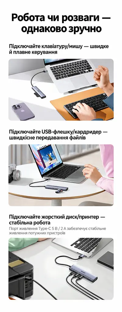 USB-хаб для розширення портів UGREEN CM473 USB-концентратор Штекер USB-A 3.0 для підключення до хоста та 4 вихідні порти USB-A 3.0 Передавання даних до 5 Гбіт/с Вхід USB-C лише для додаткового живлення 5 В 2 А Сумісний із Windows macOS і Linux Підключення та робота без драйверів LED-індикатор стану підключення Вбудований кабель 20 см космічний сірий (20805) - фото 7