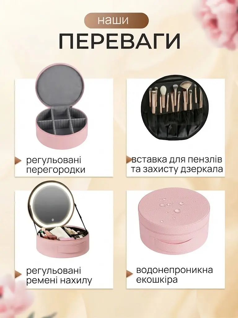 Акумуляторний органайзер - косметичка з екошкіри з LED-дзеркалом 29×28×11 см - фото 3