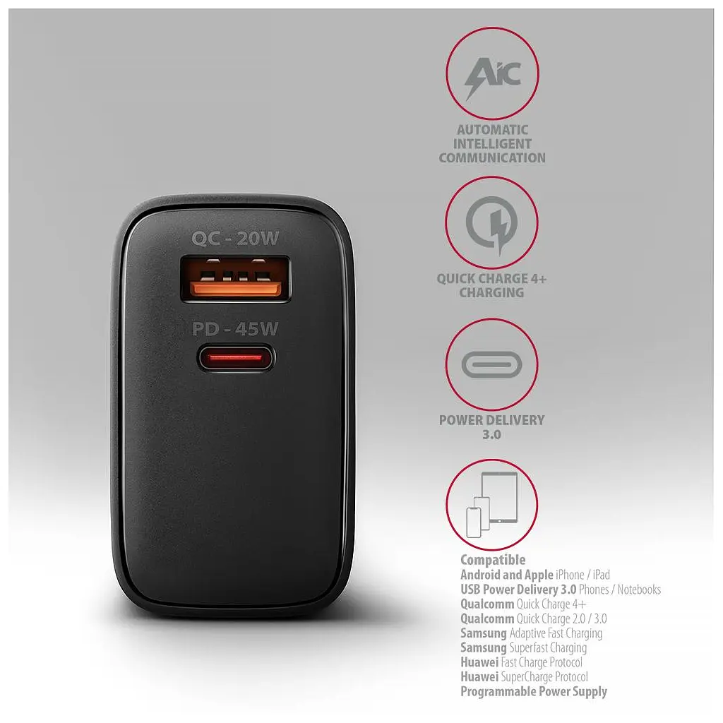 Зарядний пристрій AXAGON 1xUSB QC4.0 + 1xUSB-C PD45W PPS black (ACU-PQ45) - фото 6