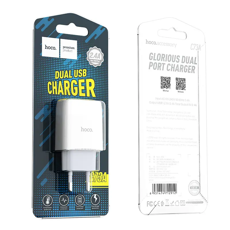 Адаптер мережевий Hoco Glorious C73A на 2 USB-порти сам блок білий - фото 5