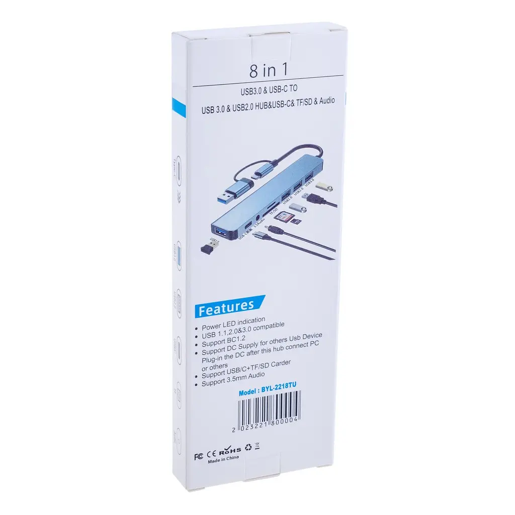 Концентратор Dynamode USB-C/A 8-in-1 1xUSB-C + 1xUSB 3.0 + 3xUSB 2.0 + 3.5mm audio + SD/TF silver (BYL-2218TU) - фото 4