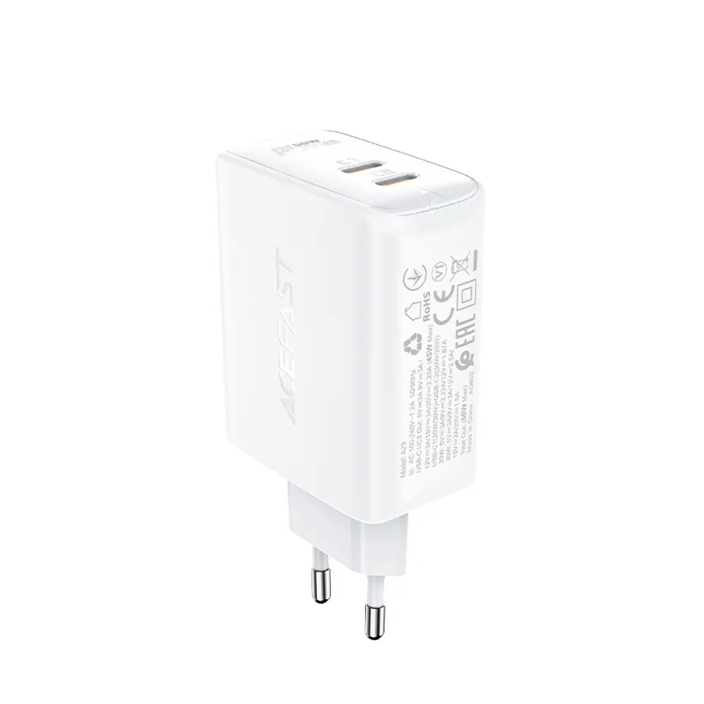 Мережевий зарядний пристрій Acefast A29 2 Type-C QC PD 50W білий - фото 2
