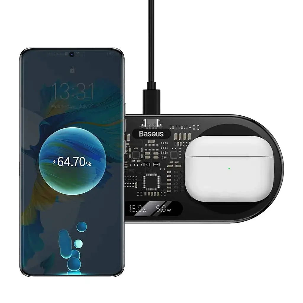 Бездротовий зарядний пристрій Baseus Digital LED Display 2in1 Wireless Charger 20W Black Universal version - фото 5