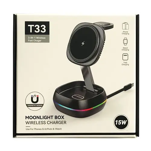 Зарядний пристрій 3 IN1 T33 MAGSAFE (iPhone, iWatch, AirPods) 0RIGINAL чорний - фото 2