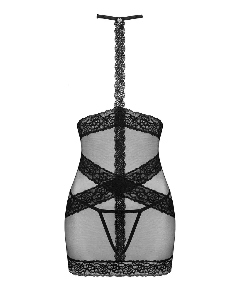 Полупрозрачная сорочка с открытой грудью Obsessive Lacrisia chemise черная с чокером XS/S - фото 5