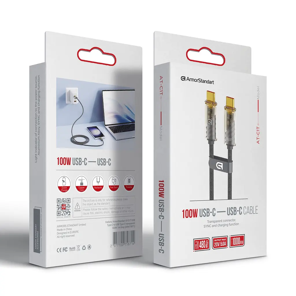 Кабель ArmorStandart AT-C1T USB Type-C to USB Type-C transparent 100W 1m Grey (ARM75871) - фото 2