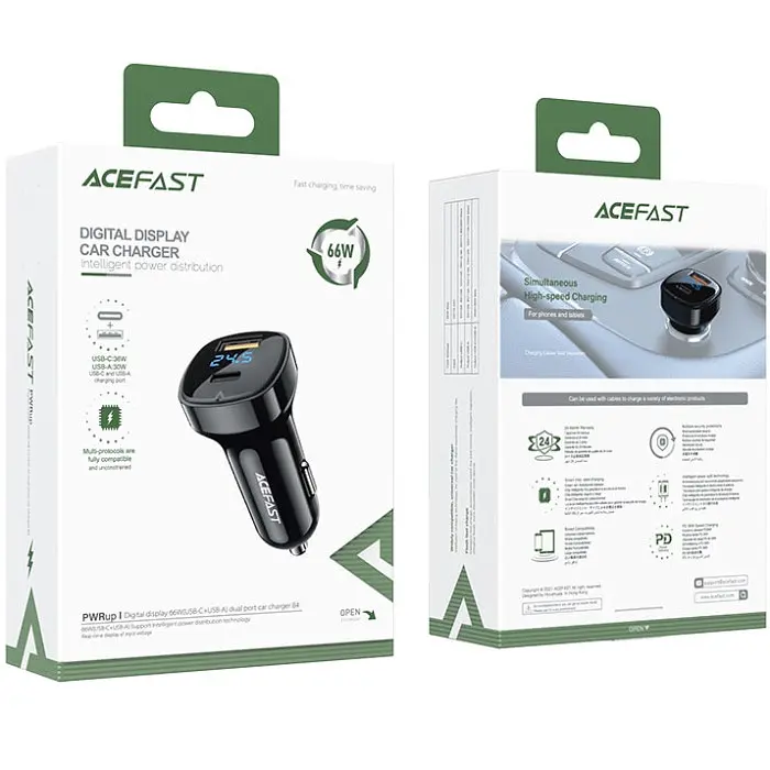 Автозаряджання 2xUSB 66W (USB-C + USB-A) B4 with digital display Acefast - фото 4