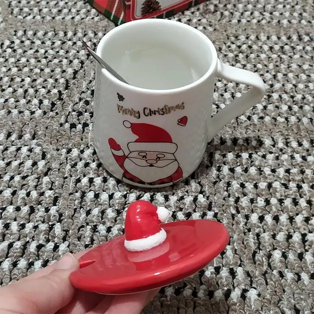 Новогодняя чашка с крышкой и ложкой Счастливого Рождества Санта-керамика 360мл Белая с красным - фото 4