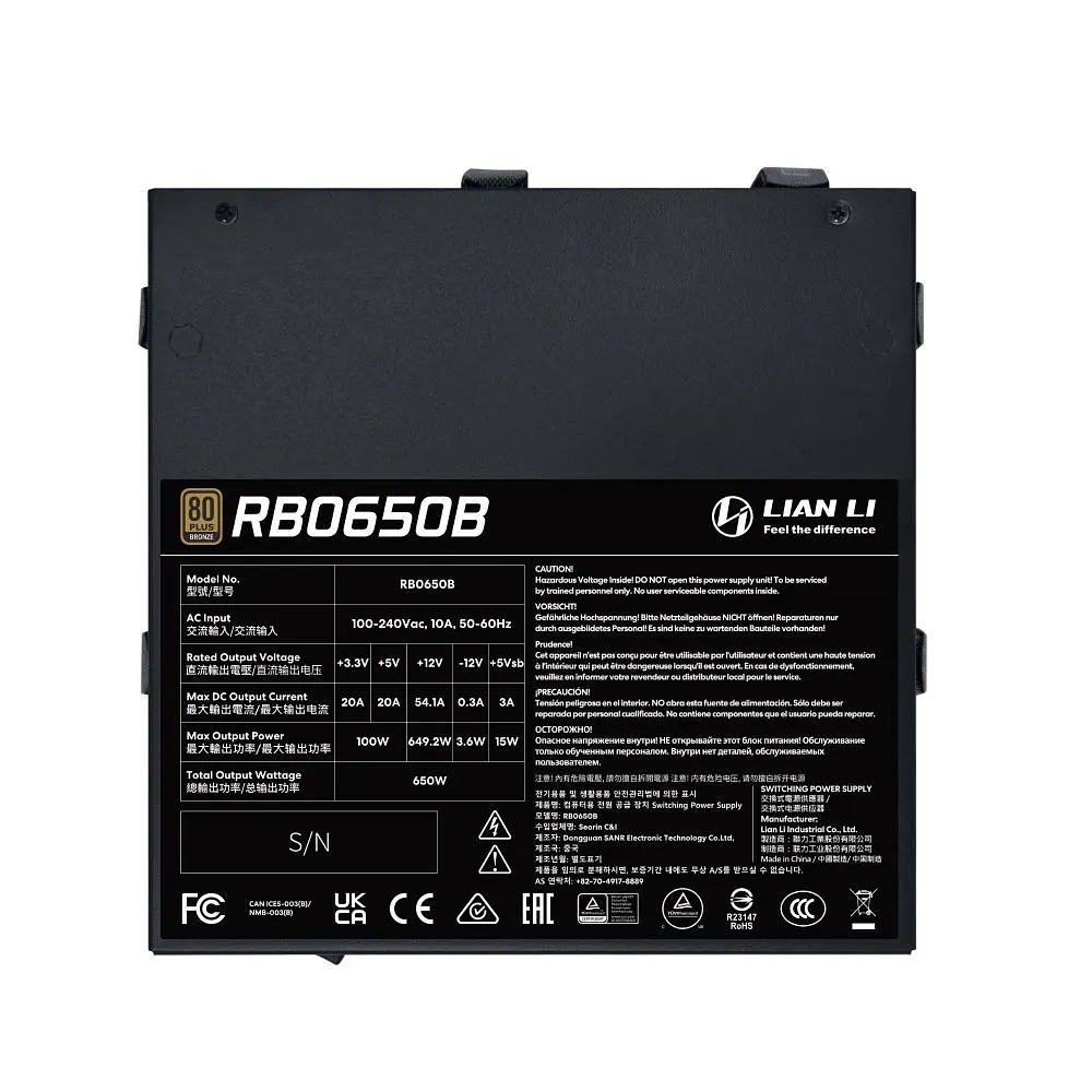 Блок живлення Lian Li RB0650B, 80 Plus Bronze, Black, EU Cord (G9P.RB0650B.B000.EU) - фото 4