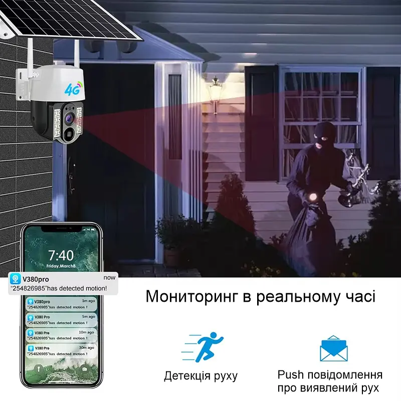 Автономна вулична 4G камера відеоспостереження поворотна PTZ із сонячною панеллю Nectronix VC3-G, V380 pro (101132) - фото 6