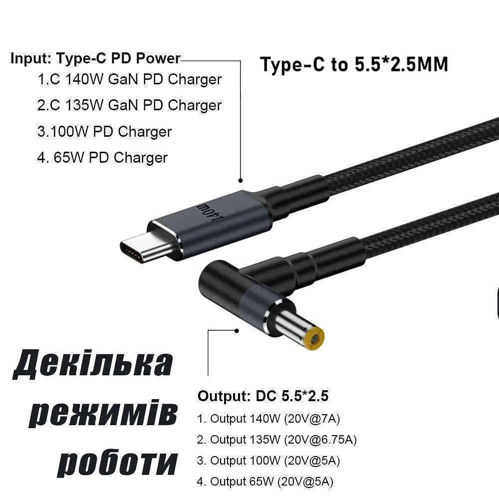 Кабель для заряджання Ноутбука від Повербанка USB type C DC 65 W з Набором перехідників Провід для Ноутбука Шнур 100 W (140W Max) - фото 7