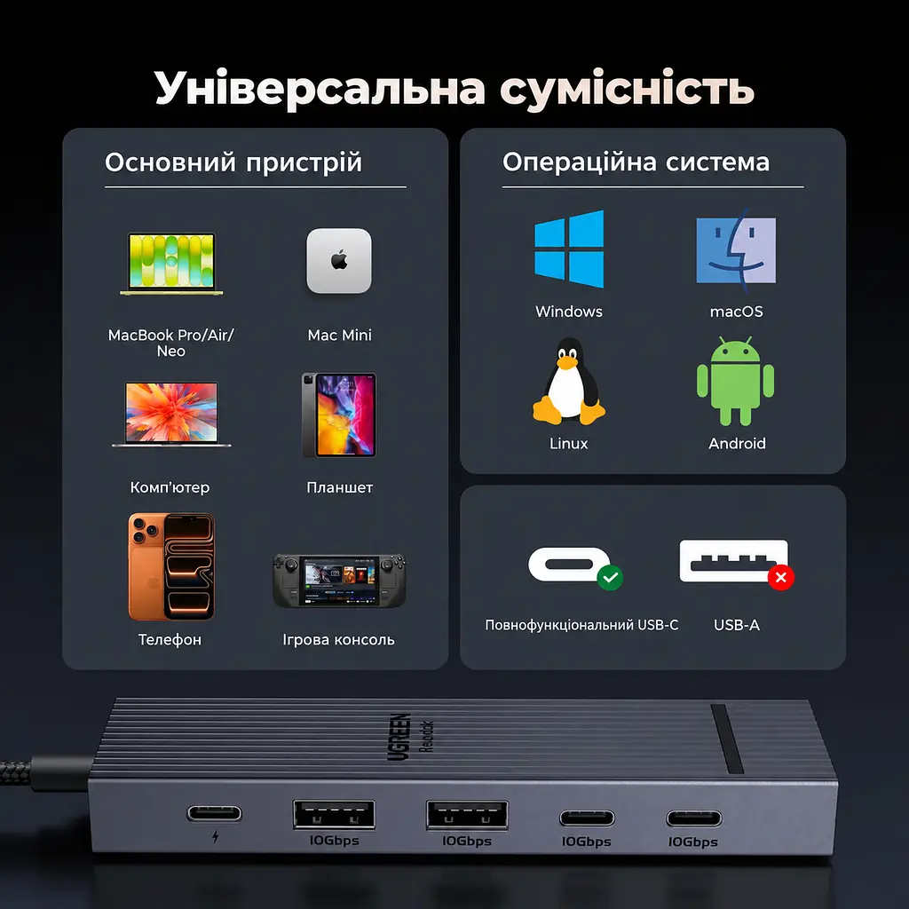 USB-C хаб UGREEN Revodok Pro CM818 6 в 1 HDMI до 4K 60 Гц 2 USB-A та 2 USB-C для даних USB 3.2 Gen 2 до 10 Гбіт/с вхід USB-C PD 3.0 до 100 Вт наскрізне заряджання ноутбука до 85 Вт HDMI потребує USB-C з відеовиходом заряджання потребує приймання живлення USB-C для 85 Вт потрібні зарядний пристрій PD 100 Вт і кабель Windows macOS Linux без драйверів Steam Deck ROG Ally індикатор алюмінієвий корпус вбудований кабель 20 см космічний сірий (45363) - фото 11