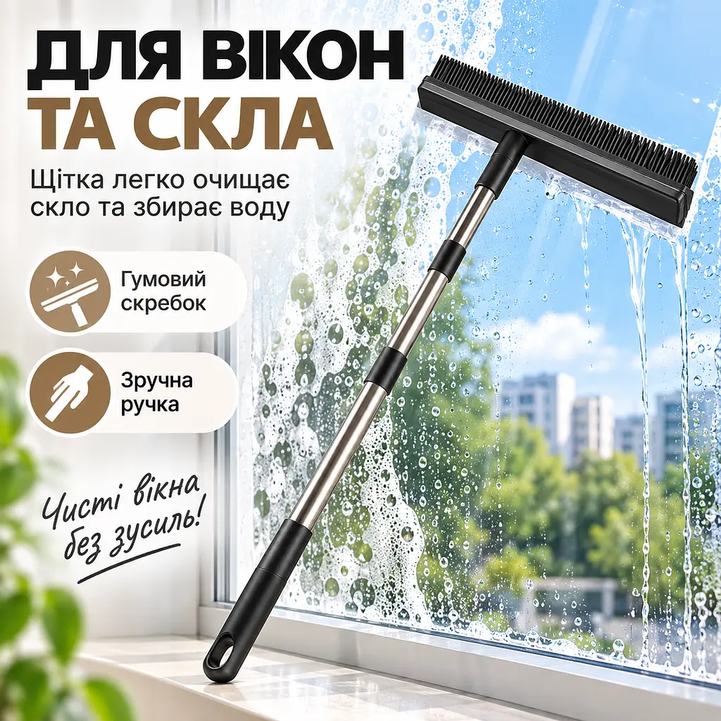 Універсальна гумова щітка-швабра 4 в 1 для підлоги, килимів, шерсті та вікон, ручка з нержавіючої сталі KT9005102 - фото 7