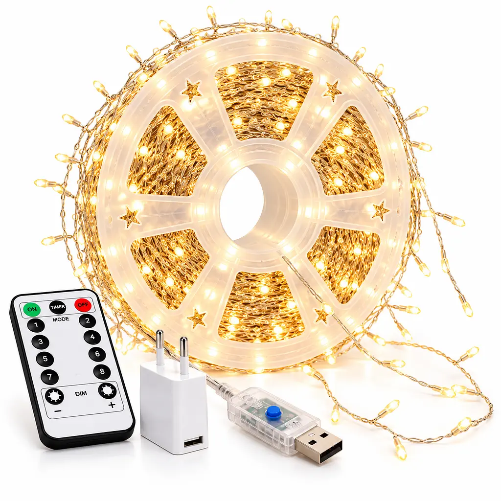 Світлодіодна гірлянда Мішура довжина 50 м на 1500 LED USB DT-1595 Тепле біле світло з пультом ДК