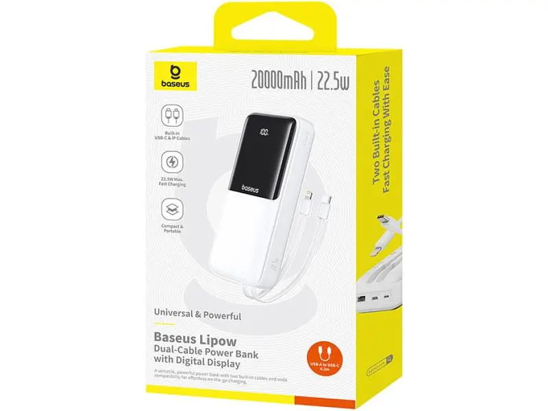 Зовнішній акумулятор (Power Bank) BASEUS Lipow Built-In Lightning/USB-C 20000mAh White (P10079102213-00) - фото 5