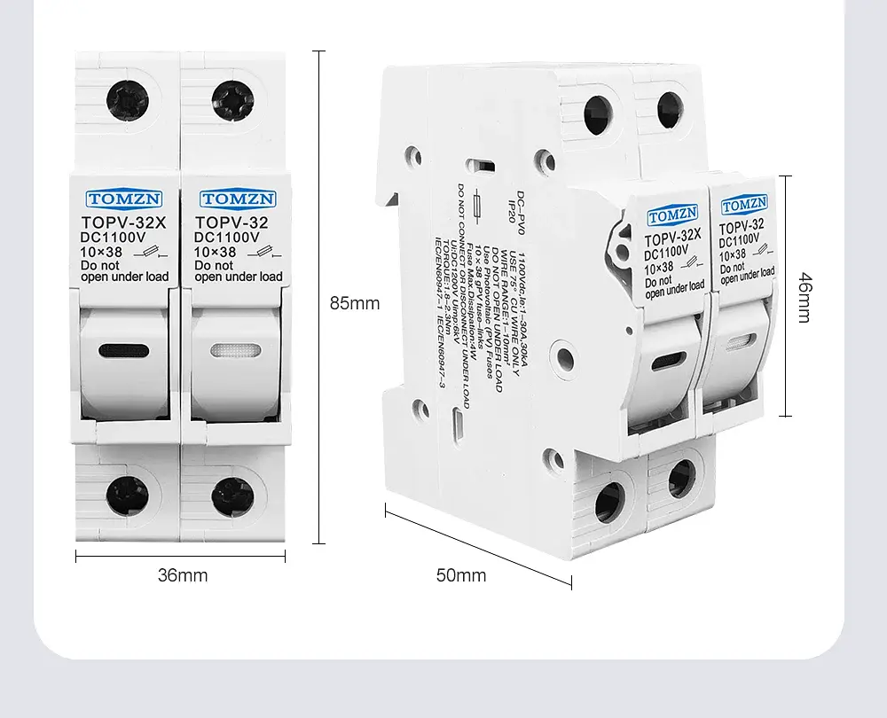 Тримач запобіжників DC TOMZN TOPV-32X 2P 1100V LED із встановленим запобіжником 20A, для сонячних панелей (19622) - фото 9