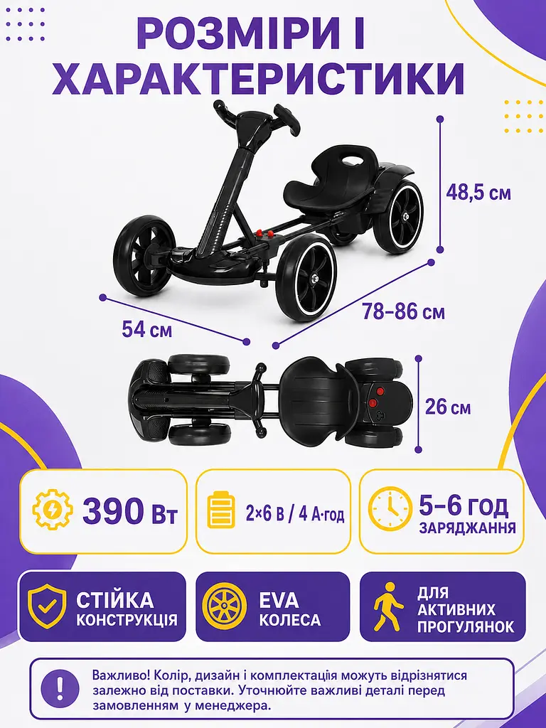 Дитячий електрокарт 390 Вт із пультом Bluetooth і музикою чорний (49676096) - фото 3