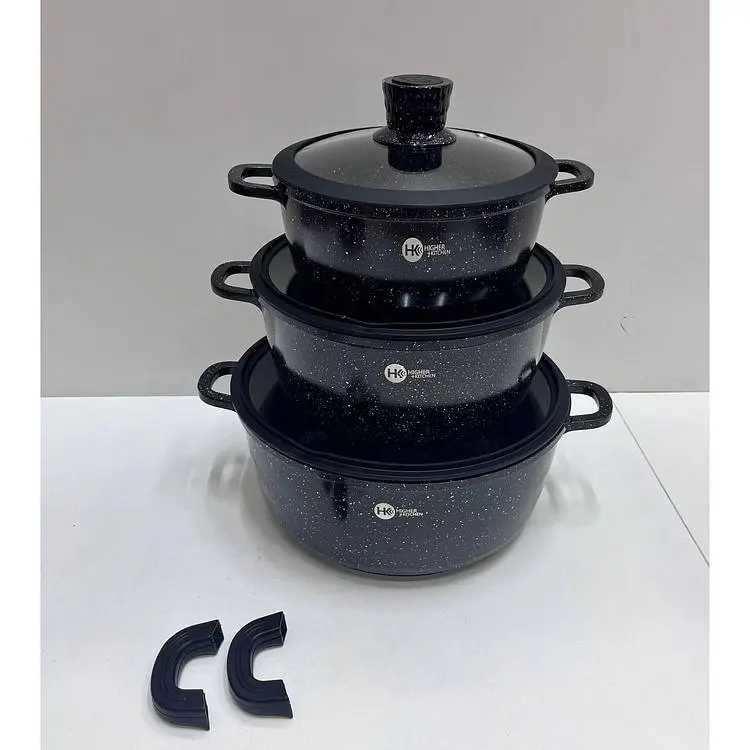 Набір посуду Higher Kitchen НК-325 XPRO гранітне покриття із силіконовими кришками 8 предметів чорний (42838-НК-325_1887) - фото 2