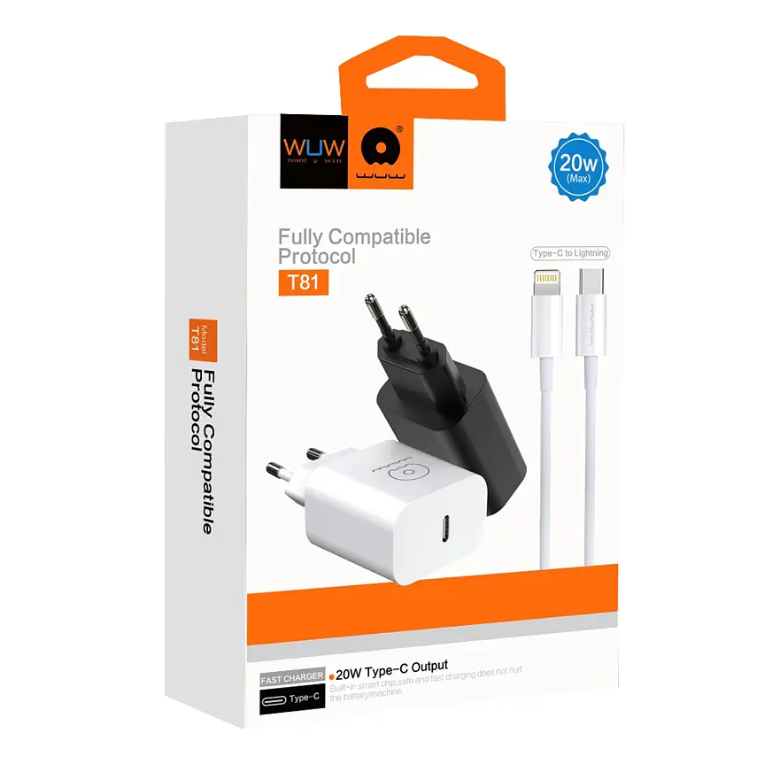 Мережевий зарядний пристрій з кабелем WUW-T81L PD 20W USB C fast charger +USB C to Lightning cable kit - фото 2