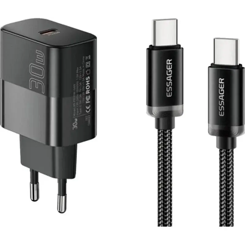 Зарядний пристрій Essager USB-C PD30W + cable USB-C to USB-C 60W black (E30JSB1-SYTT1-T)