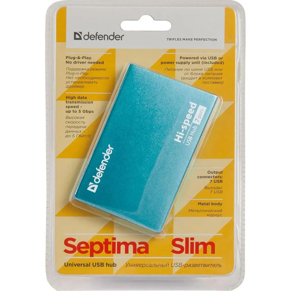USB-Хаб Defender USB Hub Septima Slim 7-port USB2.0 активний (синій металік, алюмінієвий корпус) (83505) - фото 3