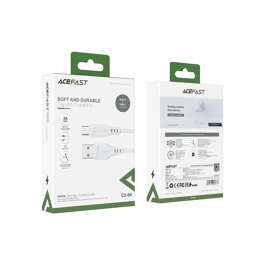 Дата кабель USB 2.0 AM to USB-C 1.2m 3.0A TPE White Acefast (6974316280873) - фото 3