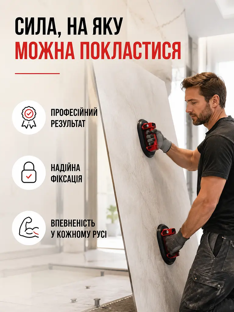 Акумуляторна вакуумна присоска овальна для плитки та скла до 300 кг з кейсом чорно-червона (49676185) - фото 7