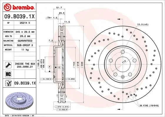 Диск гальмівний передній вентильований Audi Q5, A5, A4 B8 07-19р Brembo (09.B039.1X) - фото 2