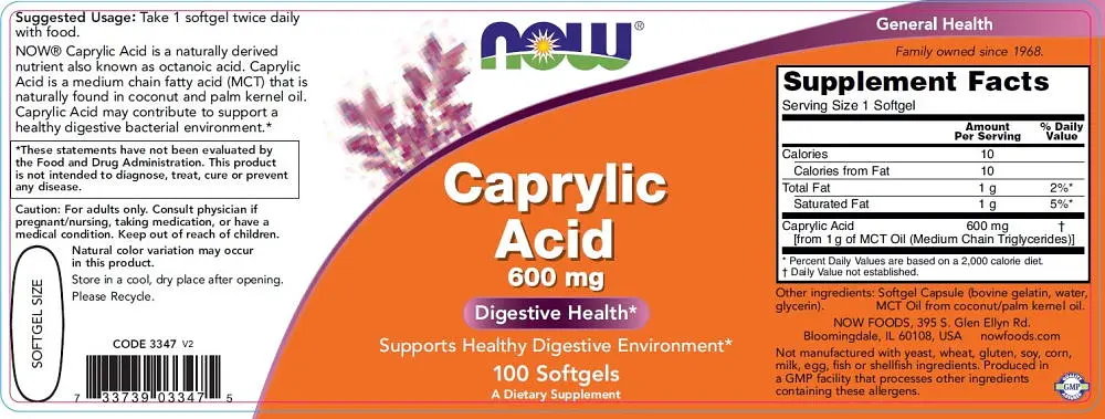 Натуральна добавка NOW Caprylic Acid 600 mg, 100 капсул - фото 2