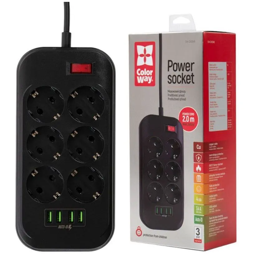 Сетевой фильтр-удлинитель СolorWay CHE-64, 6 розеток 4xUSB 2 м Black - фото 3