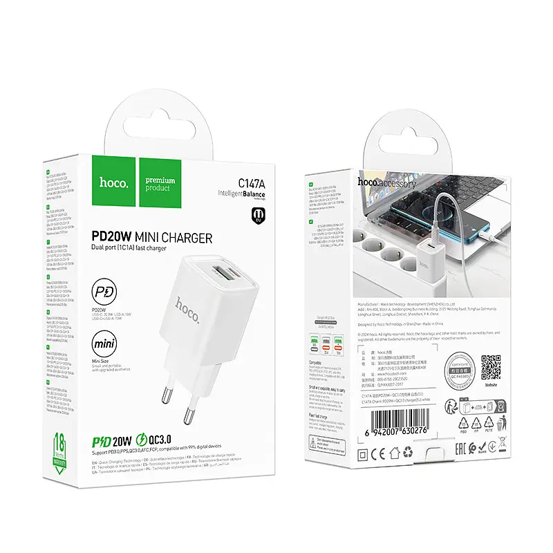 Мережевий зарядний пристрій Hoco C147A Charm PD20W+QC3.0 charger(EU) Білий - фото 2