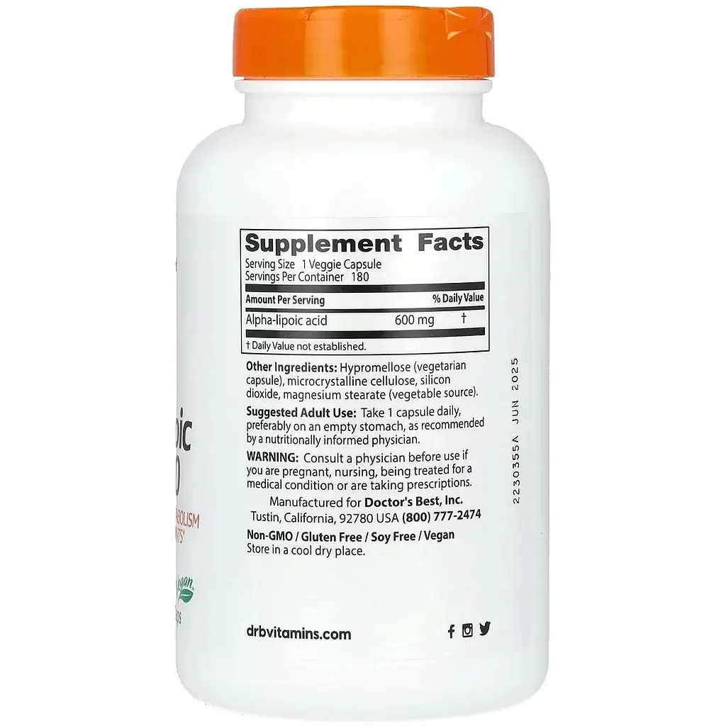 Альфа-ліпоєва кислота Doctor's Best Alpha-Lipoic Acid 600 мг 180 вегетаріанських капсул - фото 2