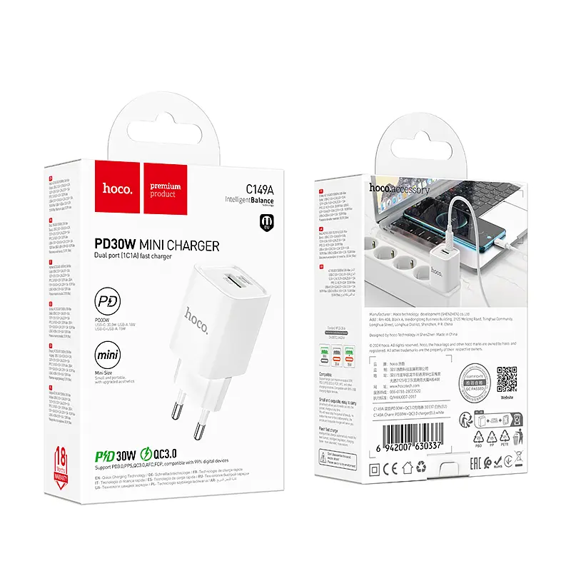 МЗП Hoco C149A Charm PD30W+QC3.0 charger(EU) White - фото 2