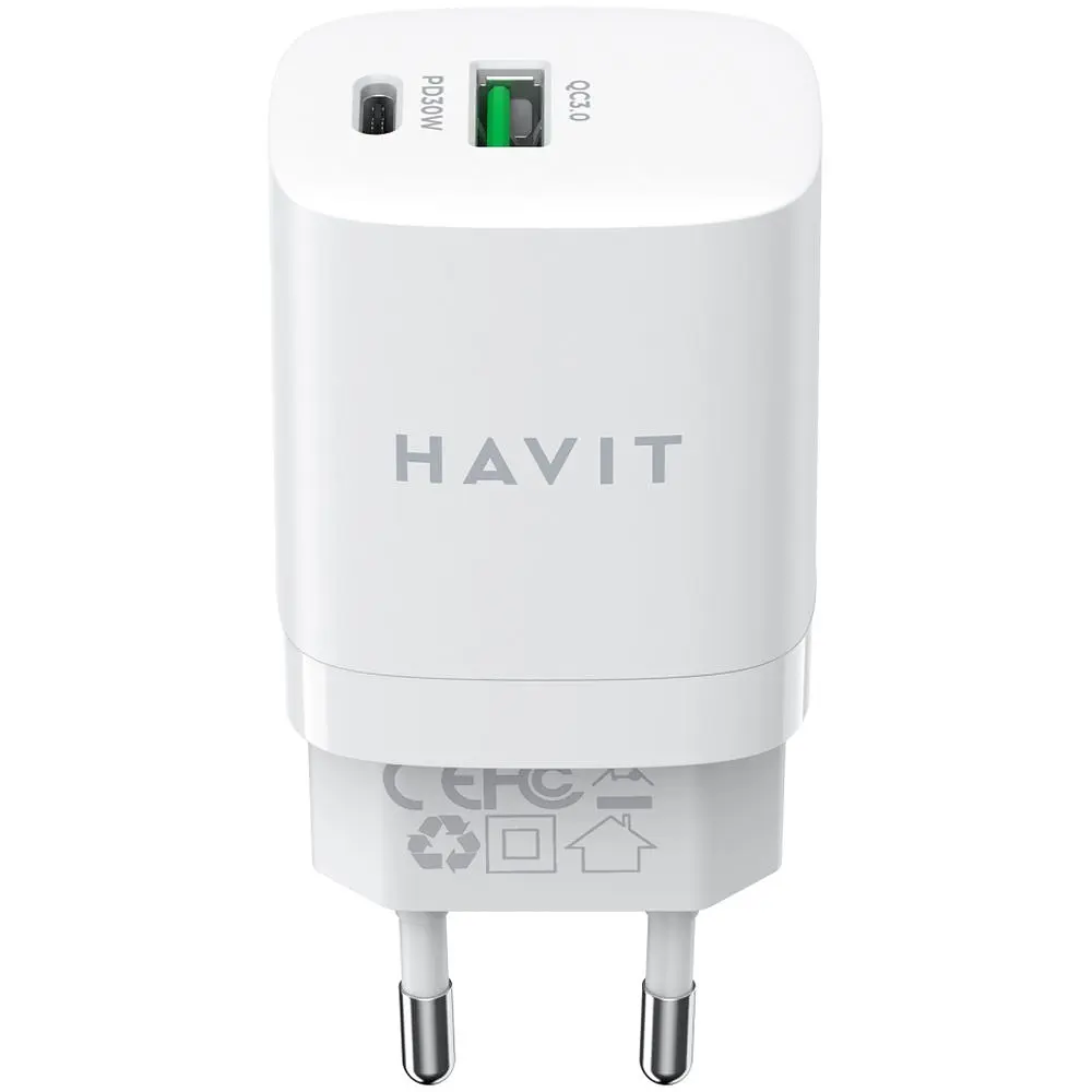 Зарядний пристрій Havit HV-UC30 GaN 30W USB+USB-C white (HV-UC30) - фото 2