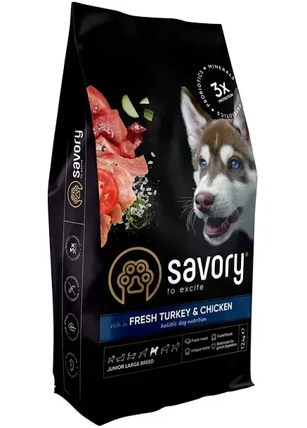 Сухий корм для цуценят великих порід Savory зі свіжим м'ясом індички та курки 12 кг