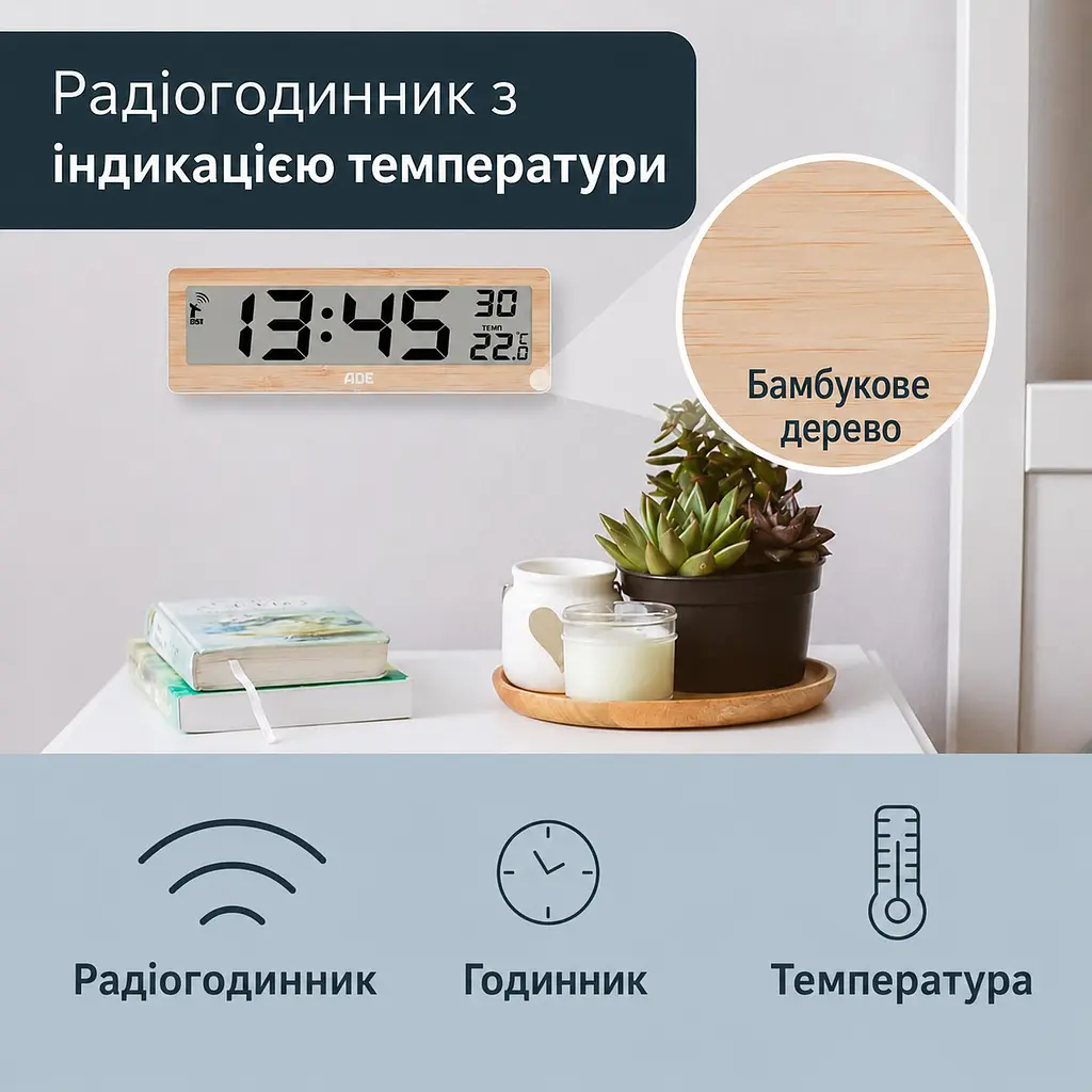 Годинник цифровий радіокерований з датчиком температури ADE CK1704 - фото 2