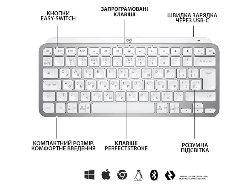 Клавіатура Logitech MX Keys Mini Minimalist US Pale Grey (920-010499) - фото 5