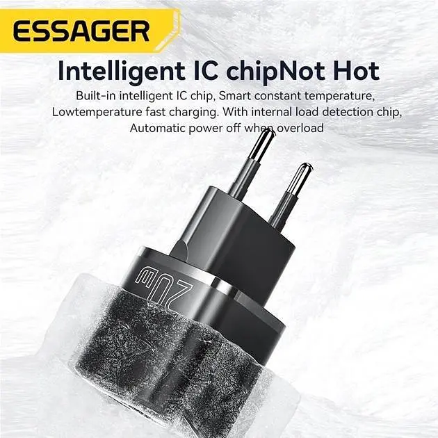 Зарядний пристрій Essager Camber 20W GaN Travel Phone Charger USB A + Type C EU Black (ECTAC-HMB01-P) - фото 6