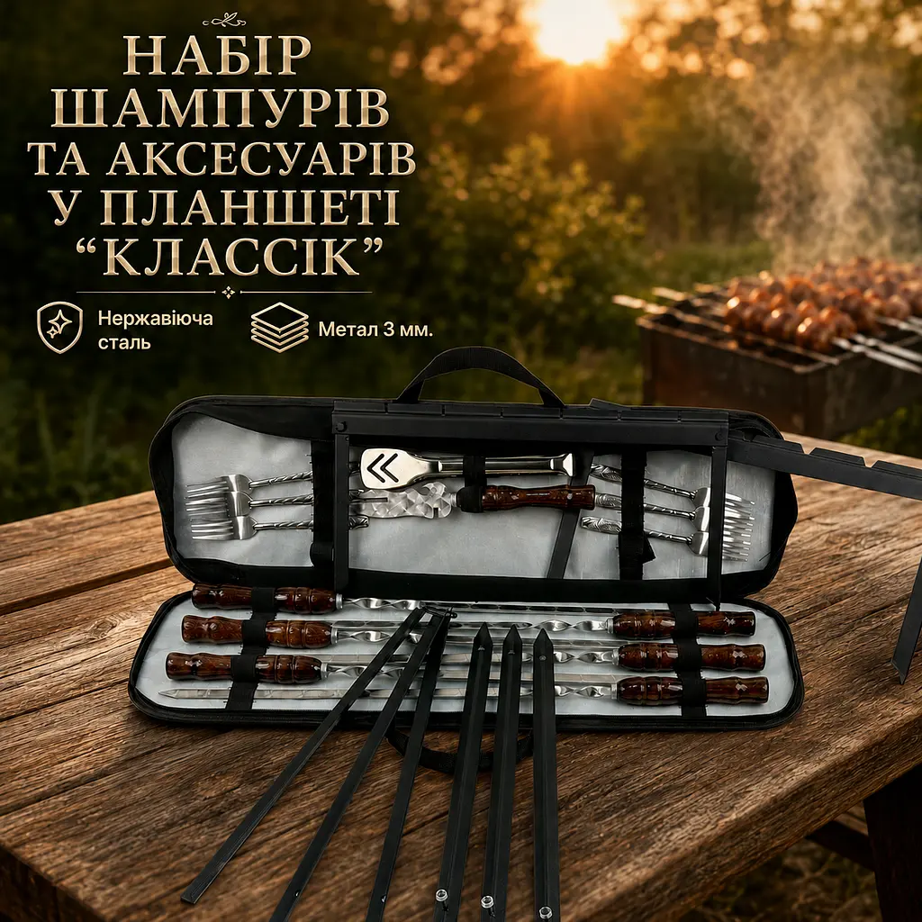 Набір шампурів Планшет Класік у чохлі 16 предметів з мангалом-рамкою, триногою для казана та щипцями
