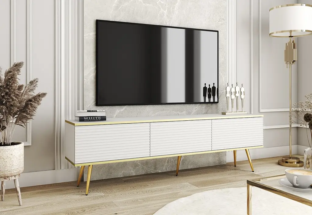 Тумба под телевизор Perfect Home Оро/Oro 3-дверная с золотыми ножками RTV175 MDF Белый (PFH-091341) - фото 1