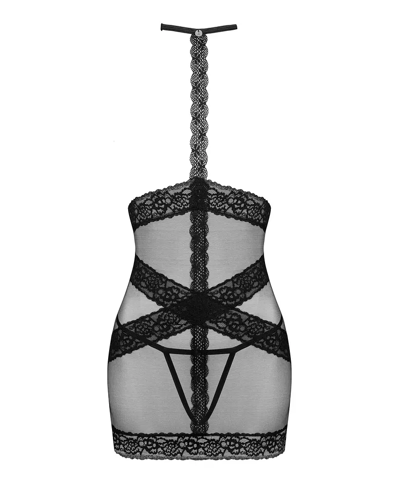 Напівпрозора сорочка з відкритими грудьми Obsessive Lacrisia chemise XL/2XL, чорна, з чокером - фото 5