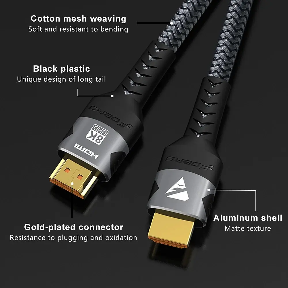 Кабель 8K HDMI 2.1, 1 метр, Ultra High Speed 8K (48 Гбіт/с), в нейлоновому обплетенні, сірий - фото 6