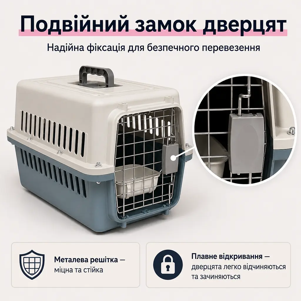 Переноска для котів і собак до 12 кг 48×32×30 - вентильована з комплектом (підвісна миска тавнутрішнім вкладишем) KT8002012 - фото 7