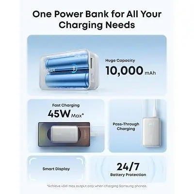 Батарея універсальна Anker 10000mAh Nano 45W, Built-In USB-C Cable, White (A1638H21) - фото 3