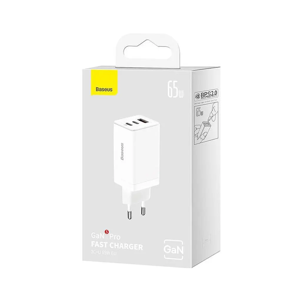 Зарядний пристрій Baseus 2xUSB-C 65 Вт + 1xUSB GaN + кабель USB-C — USB-C 100 Вт 1.0 м білий (CCGP120202) - фото 7