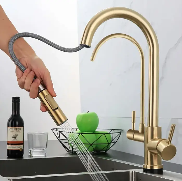Змішувач для кухні на дві води Rea Eco Fresh із висувним виливом brushed gold REA-B7596 - фото 2