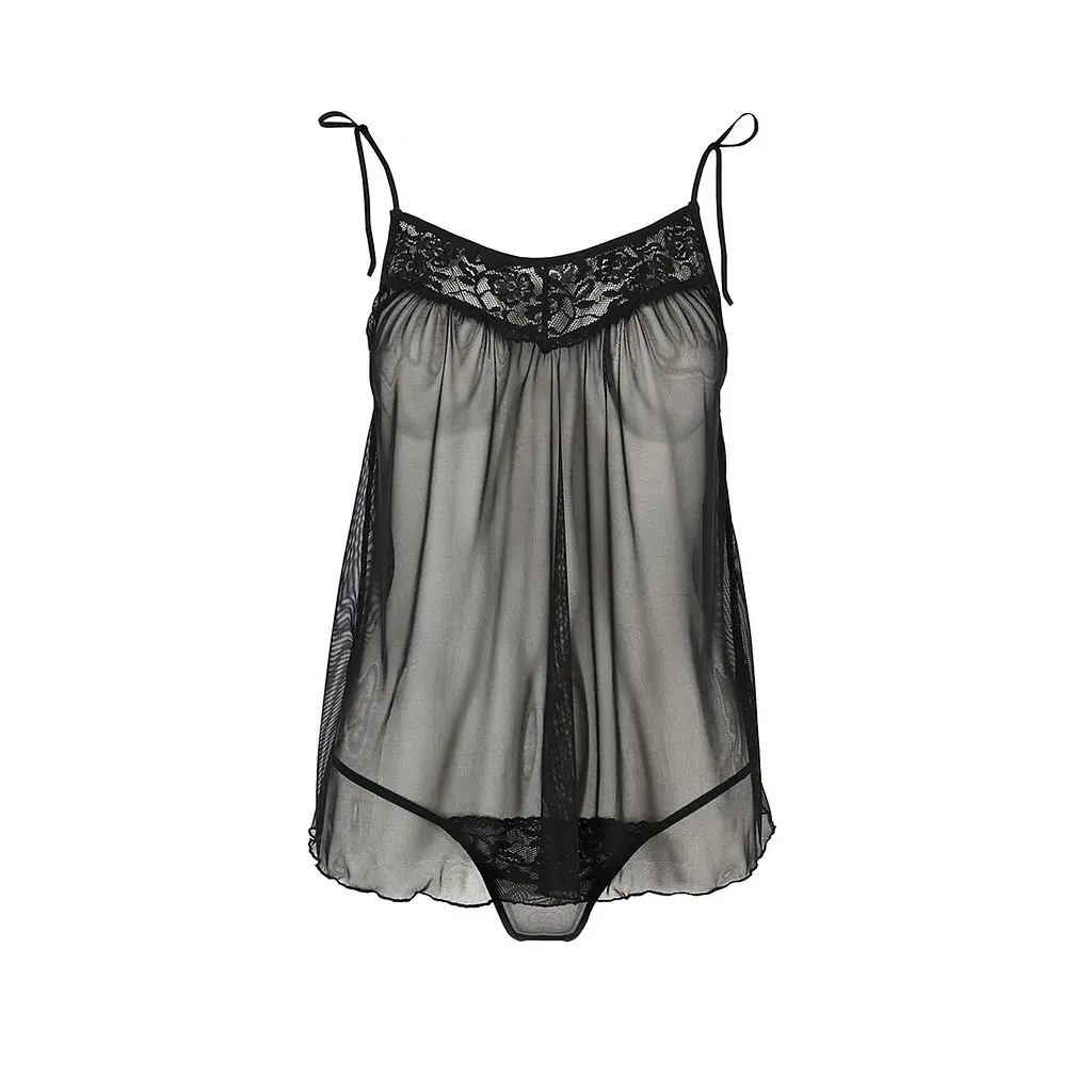 Сорочка прозора бебі-дол Passion MELANIA CHEMISE XXL/XXXL, black, трусики, на тонких бретелях - фото 3