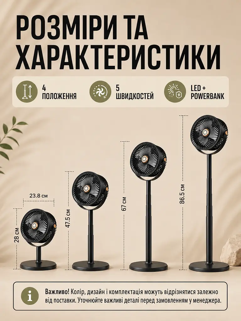 Акумуляторний вентилятор 4 в 1 із сонячною панеллю LED-лампою та PowerBank чорний (49676145) - фото 3