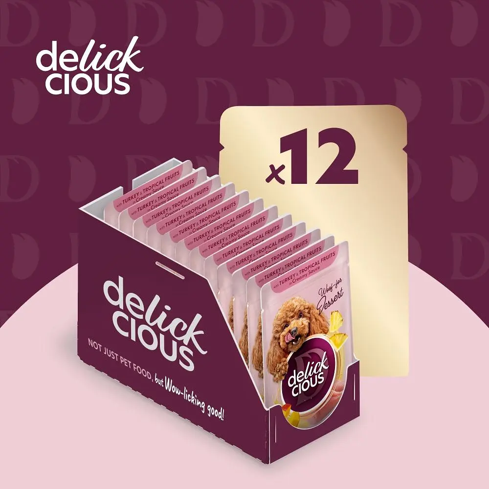 Влажный корм для собак Delickcious Хлопья с индейкой и тропическими фруктами в сливочном соусе 85 г - фото 6