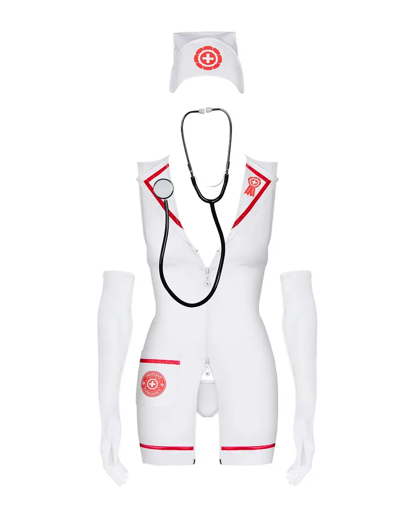 Еротичний костюм медсестри Obsessive Emergency dress S/M, white, сукня, стринги, рукавички, чепчик, стетоскоп - фото 2